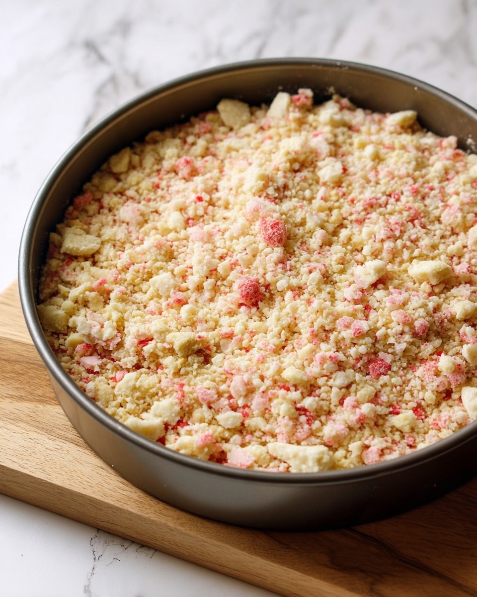 A close-up image of a round metal baking pan filled with a crumbly topping made of crushed pieces in light beige and pinkish colors, spread evenly across the top layer; the pan sits on a small wooden board, and the background is a white marbled surface. The texture is rough and grainy, with visible chunks and a mix of fine crumbs in pale yellow and soft red hues. Photo taken with an iphone --ar 4:5 --v 7