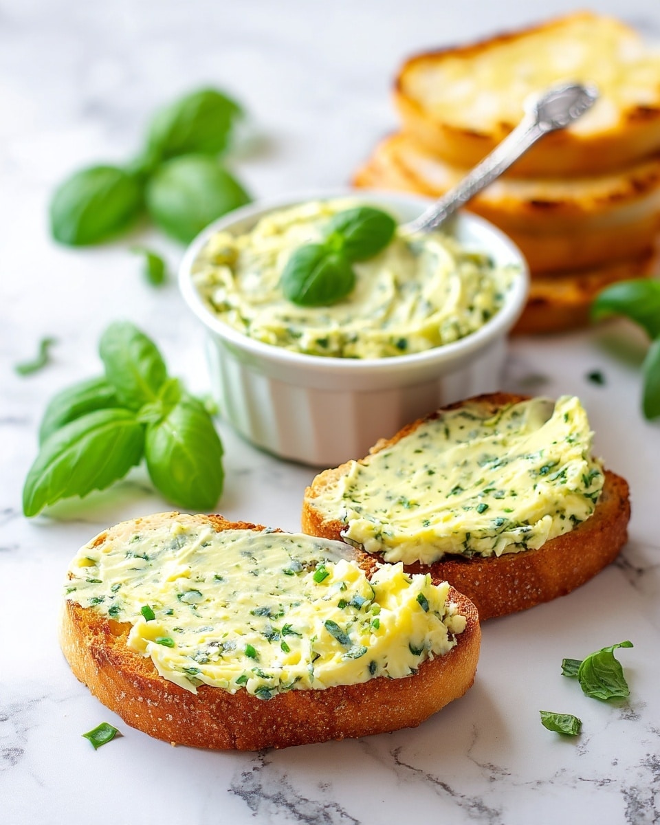 The image shows two slices of toasted bread on a white marbled surface, each covered with a creamy spread that is pale yellow with green herb flecks evenly mixed throughout, giving a textured look. Behind these slices, there is a small white ramekin filled with more of the same herb spread, topped with a fresh green basil leaf and a silver spoon resting inside. A few fresh basil leaves are scattered around the scene and some plain toasted bread slices are stacked in the background. The overall colors are soft yellows, greens, and white creating a fresh, simple, and appetizing look. Photo taken with an iphone --ar 4:5 --v 7