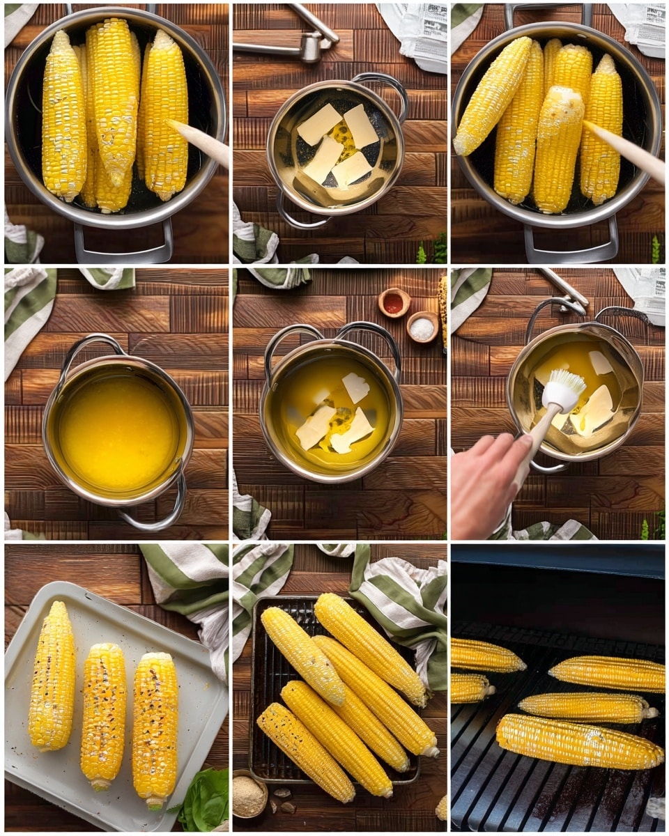 The image shows a step-by-step corn cooking process in nine panels arranged in a grid. In the first panel, five bright yellow corn ears with small butter chunks are in a shiny silver pot. The second panel shows the same pot from above with large butter slices on the corn. The third panel has the silver pot on a gas stove with butter melting on the corn. The fourth panel shows melted bright yellow butter with a white spoon inside the shiny silver pot on a wooden surface. The fifth panel shows a woman's hand holding a white basting brush with melted butter, brushing nine peeled yellow corn ears that are laid on a white tray on a wooden surface with two small salt and pepper bowls nearby. The sixth panel has eight corn ears lying on a dark grill grate. The seventh panel shows a woman's hand brushing melted butter on six corn ears on the grill. The eighth panel shows the corn grilling on the black grill grate with some melted butter visible on them. The last panel displays the fully cooked corn with golden grill marks served on a bed of green leaves on a wooden surface with garlic, salt, and a small yellow item nearby all on a white marbled table. Photo taken with an iphone --ar 4:5 --v 7