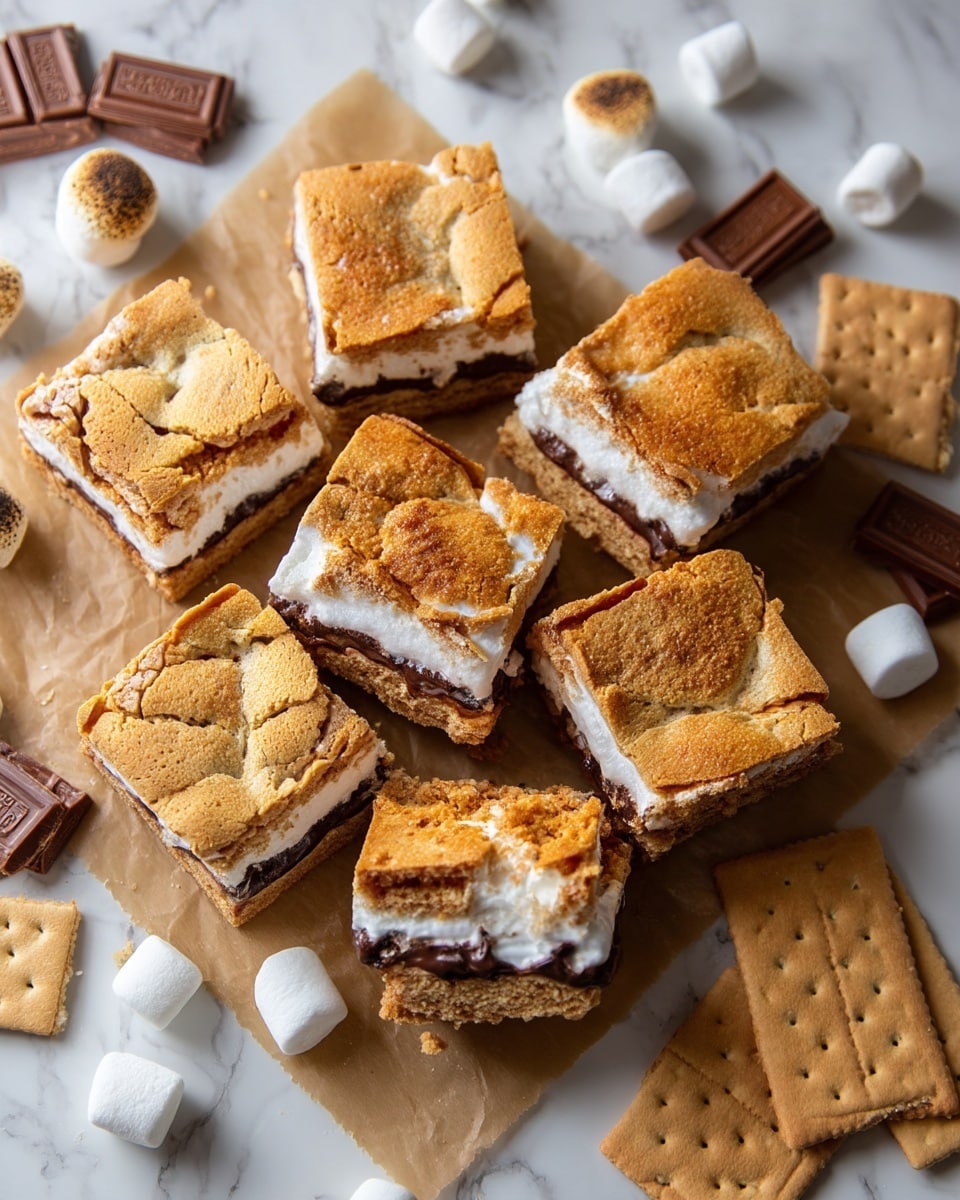 The image shows a group of square s'mores bars arranged on brown parchment paper over a white marbled surface. Each bar has three layers: a rough light golden brown baked top layer, a soft white marshmallow middle layer, and a thin bottom layer made of lighter brown graham cracker. Around the bars are scattered whole and broken rectangular graham crackers, rectangular pieces of milk chocolate, and a few toasted round marshmallows with a golden brown surface. The bars are cracked on top, showing the fluffy marshmallow inside. photo taken with an iphone --ar 4:5 --v 7