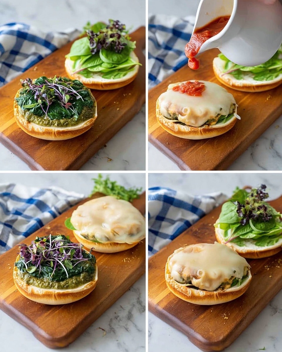 The first image shows four open sandwich buns on a wooden board with a white marbled background; the left side of each bun is spread with a green pesto sauce, while the right side has green leafy spinach and purple microgreens arranged across the surface. The second image depicts a melted cheese layer being lifted with a spatula above a sandwich bun that has the green leaves on the bottom half, the cheese is smooth, creamy, and light beige in color. The third image shows marinara sauce being poured from a white pitcher onto the melted cheese on the sandwich, the sauce is bright red and thick, covering part of the cheese. The fourth image presents the open sandwiches again on the wooden board, each topped with a spread of pesto on the left side and melted cheese with marinara sauce on the right side, all placed on the white marbled surface with sprigs of greens nearby; a blue and white checkered cloth is also partially visible. photo taken with an iphone --ar 4:5 --v 7