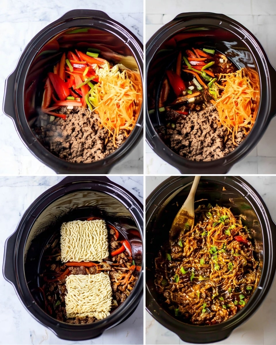 The image shows four stages inside a black slow cooker placed on a white marbled surface. In the first stage, there is a layer of cooked ground meat, topped with chopped red bell pepper slices, shredded orange carrots, and green onion pieces all separate on the right side. In the second stage, a dark sauce has been added over the vegetables and meat, soaking into them. In the third stage, two square blocks of uncooked ramen noodles rest on top of the meat and vegetables in the cooker. In the last stage, the ingredients are fully mixed, creating a uniform dish of brown-colored cooked noodles mixed with ground meat, shredded carrots, red bell pepper pieces, and green onions, with a wooden spoon stirring from the right side. The surface remains a white marbled texture. Photo taken with an iphone --ar 4:5 --v 7