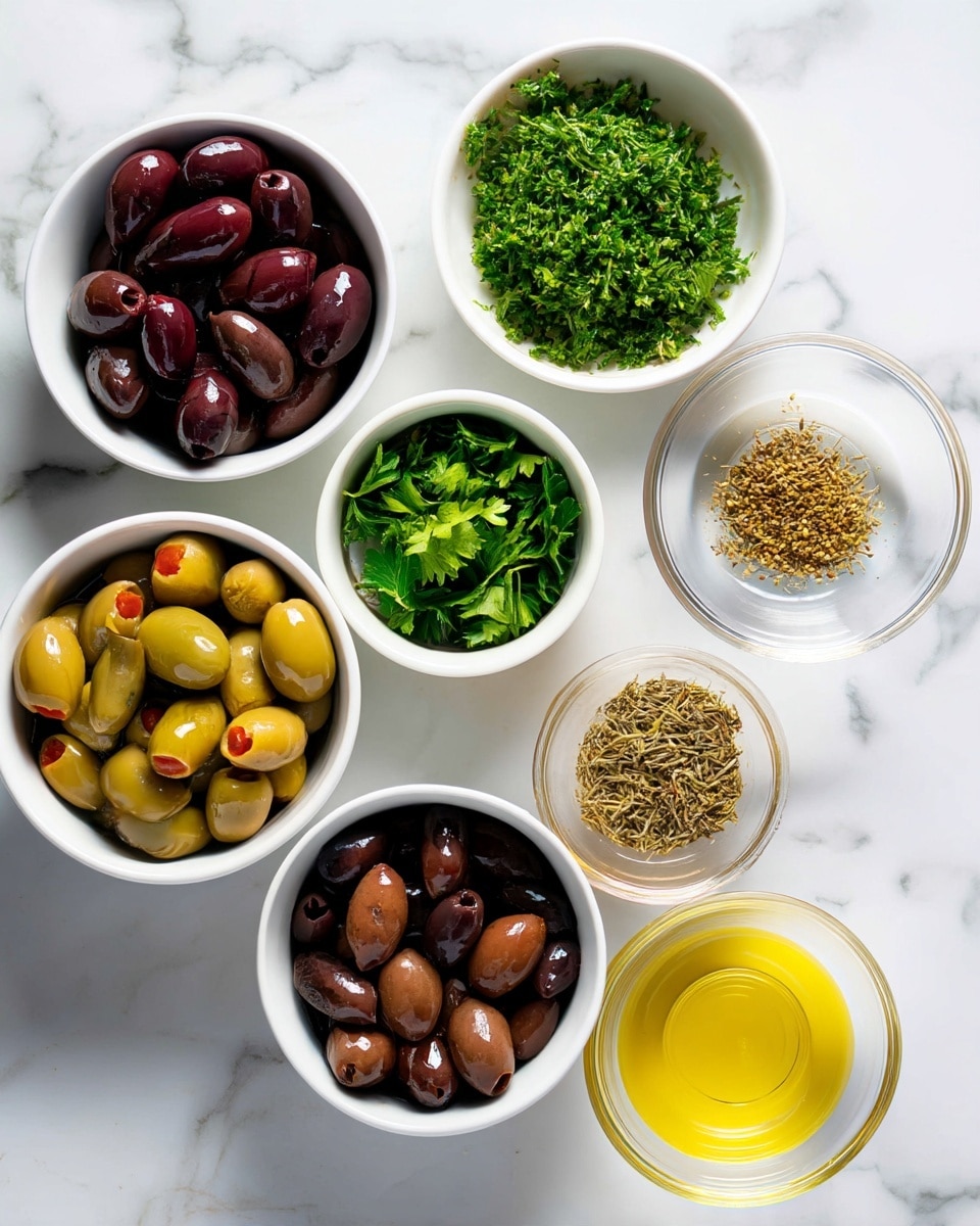 A top view of nine small white bowls arranged in a circle on a white marbled surface, each holding different ingredients. One bowl is filled with green olives stuffed with red pimentos, and another holds dark purple olives. A third bowl contains chopped green parsley, while a fourth one has mustard sauce. There are also three garlic cloves in a clear glass bowl, a bowl with light brown dried herbs and spices, a small bowl filled with yellow olive oil, and a clear bowl with white vinegar or lemon juice. The items are spread evenly with bright natural light showing their textures clearly. Photo taken with an iphone --ar 4:5 --v 7