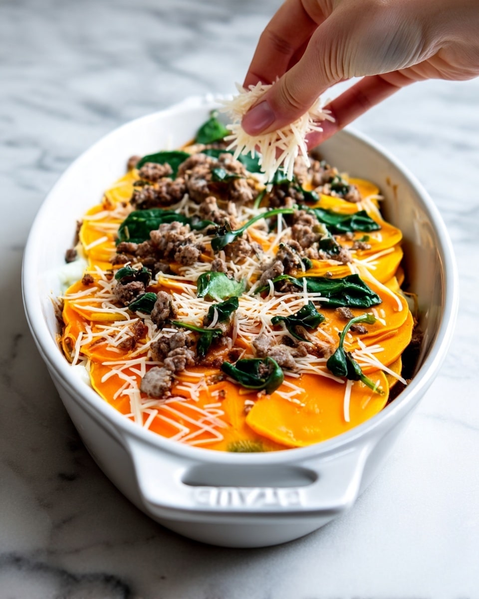 A white oval baking dish holds a layered dish with distinct layers visible. The bottom layer is white shredded cheese, followed by a bright orange layer of smooth sliced vegetables, likely squash or sweet potatoes, arranged evenly across the dish. On top of the orange layer are scattered pieces of cooked ground meat and dark green leafy vegetables, possibly spinach, adding texture and color contrast. A woman's hand is sprinkling extra shredded cheese over the top. The dish rests on a white marbled surface. Photo taken with an iphone --ar 4:5 --v 7