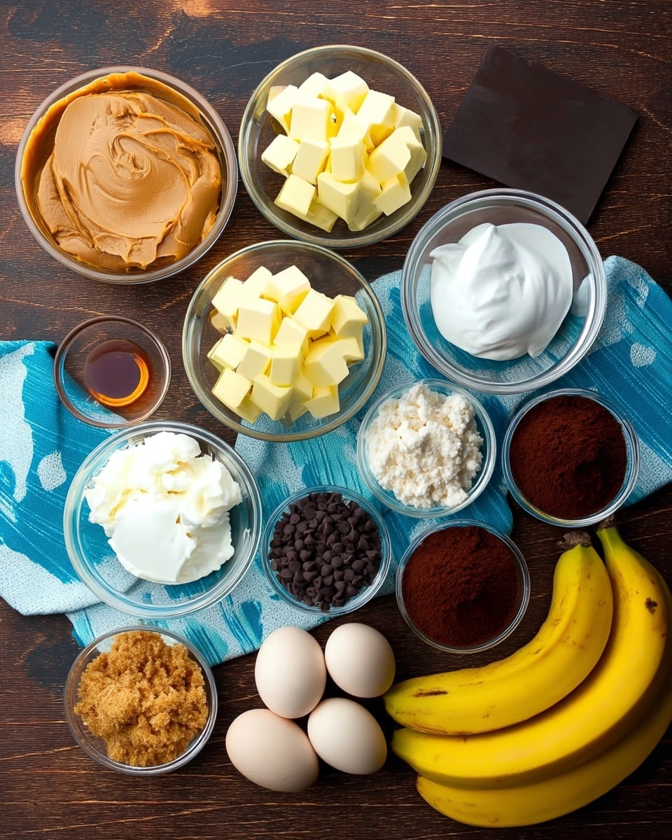 A top-down view of several clear glass bowls and loose ingredients arranged on a dark wooden surface with a blue towel. The bowls contain different layers: one with smooth light brown peanut butter, one with chopped yellow butter cubes, another with white creamy sour cream, one with light yellow cottage cheese, one with dark brown cocoa powder, one with chocolate chips, one with golden brown sugar, and two small bowls with amber-colored liquid. There are also three yellow bananas and three white eggs placed directly on the surface. A square piece of dark chocolate rests on the blue towel. The background is changed to a white marbled texture. photo taken with an iphone --ar 4:5 --v 7