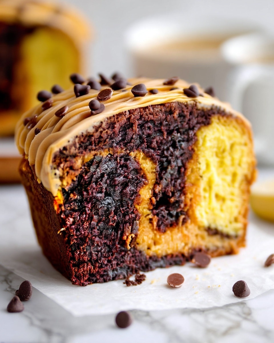 A close-up view of a slice of marble cake shows two main layers swirled together: a dark brown chocolate layer with a soft, crumbly texture mixed with a golden yellow layer that looks moist and dense. The top edge of the cake is covered with smooth, light brown frosting in wave patterns, sprinkled with small dark chocolate chips. The slice rests on a piece of white parchment paper, with a small part of a peeled banana and a white cup blurred out in the background, all on a white marbled surface. Photo taken with an iphone --ar 4:5 --v 7
