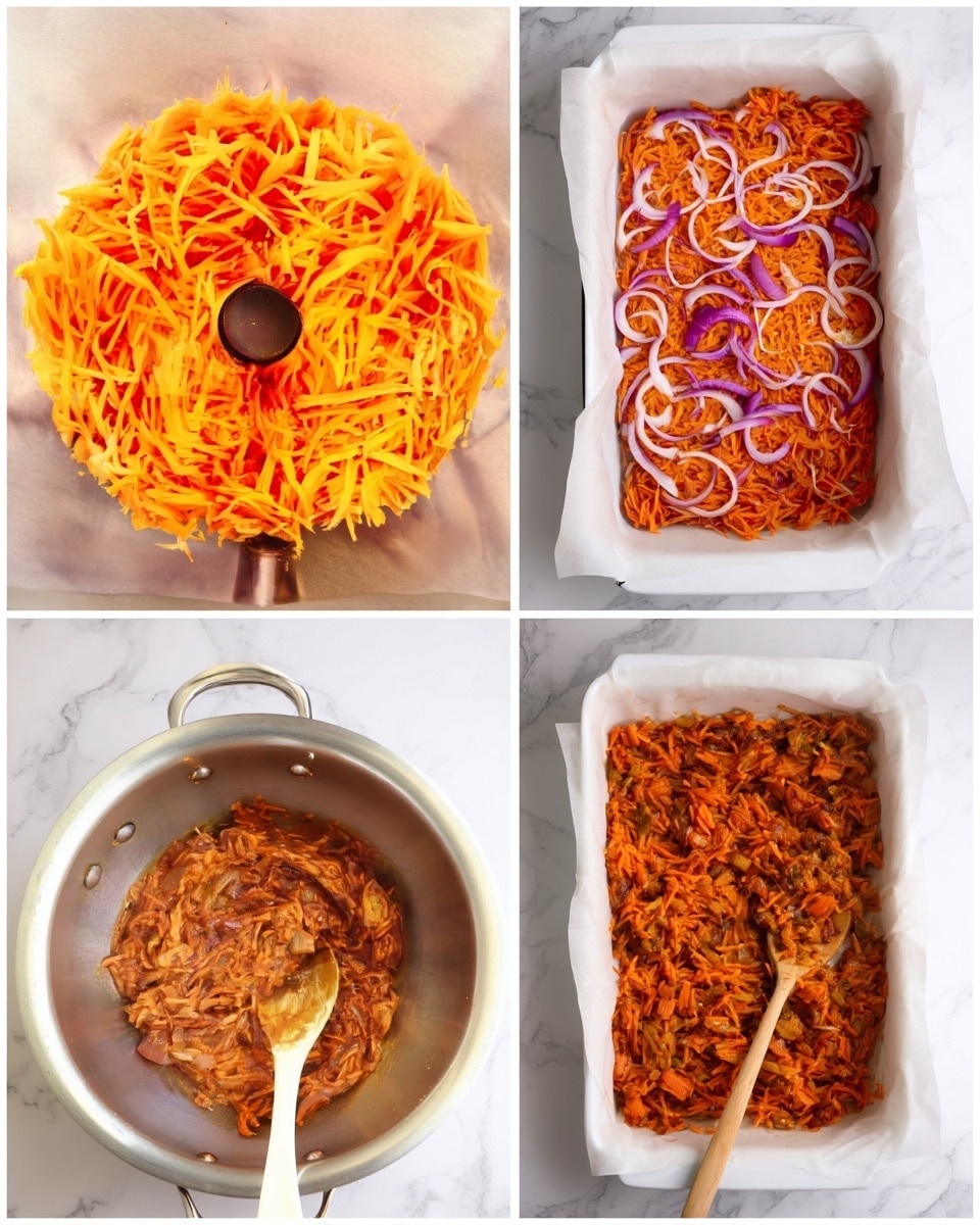 The collage shows five stages of preparing a shredded carrot and onion dish. The first image at the top left displays a close-up of a round pile of bright orange shredded carrots on white parchment paper. The second image at the top right shows a white rectangular baking dish lined with white parchment paper, filled with shredded orange carrots and thin rings of purple onions spread evenly on top. The third image on the middle left depicts the same white baking dish covered completely with crinkled silver foil. The fourth image in the middle right shows the white baking dish after baking, with the carrots and onions slightly dry and browned in spots. The final image at the bottom reveals a thick, cooked mixture of shredded carrots and softened onions inside a large silver pot with a wooden spoon scooping through it, showing a rich orange-brown color. The whole setup rests on a white marbled surface. Photo taken with an iphone --ar 4:5 --v 7