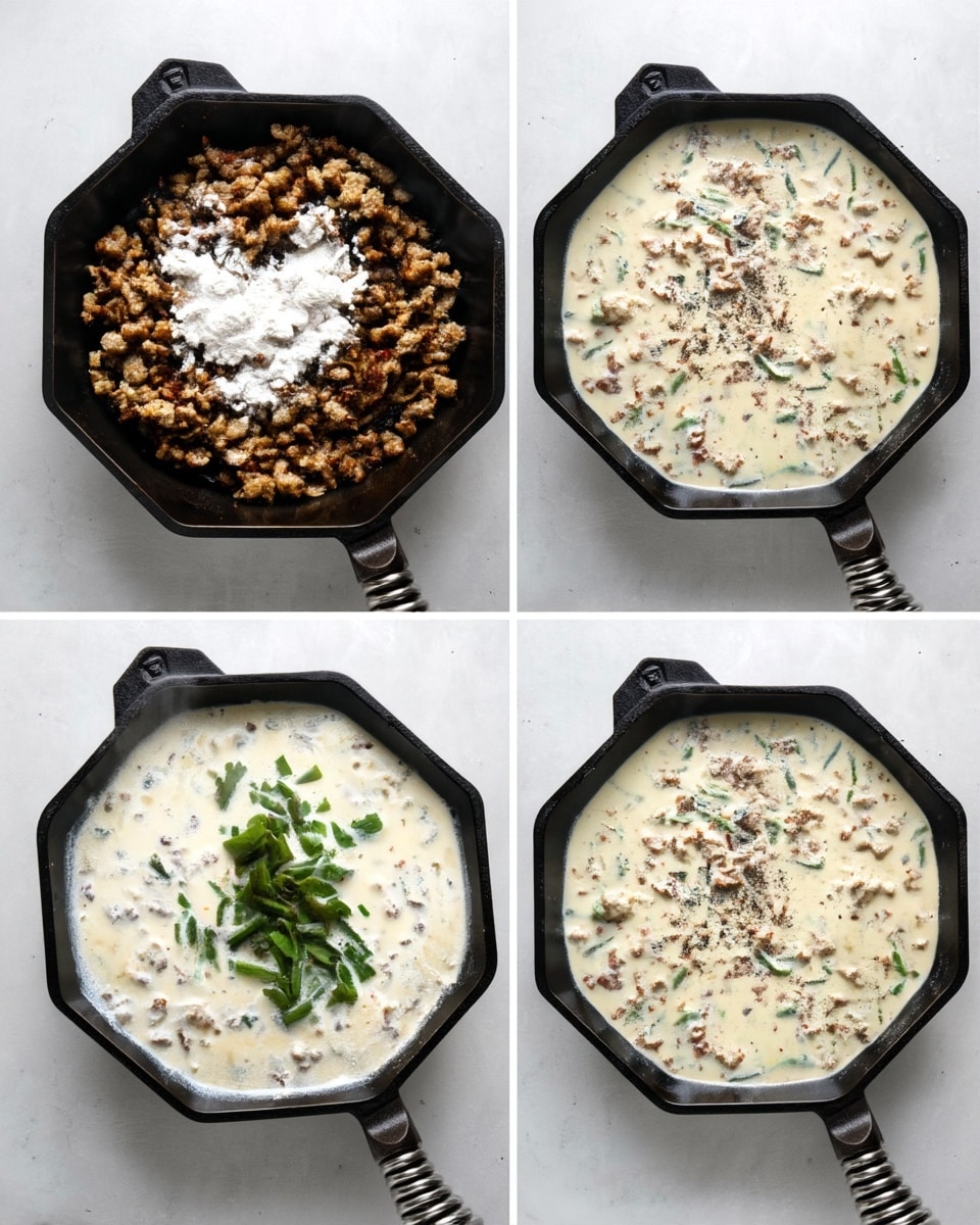 A black cast iron pan is shown in four stages on a white marbled surface: first, browned ground meat fills the bottom with a pile of white flour in the middle; second, creamy white liquid is added covering most of the meat but part of it remains visible; third, the creamy mix is topped with chopped green herbs scattered mostly in the center; fourth, the dish is fully mixed with meat, creamy liquid, and green herbs blended together and a light sprinkle of black pepper on top; the pan has a round coil handle. photo taken with an iphone --ar 4:5 --v 7
