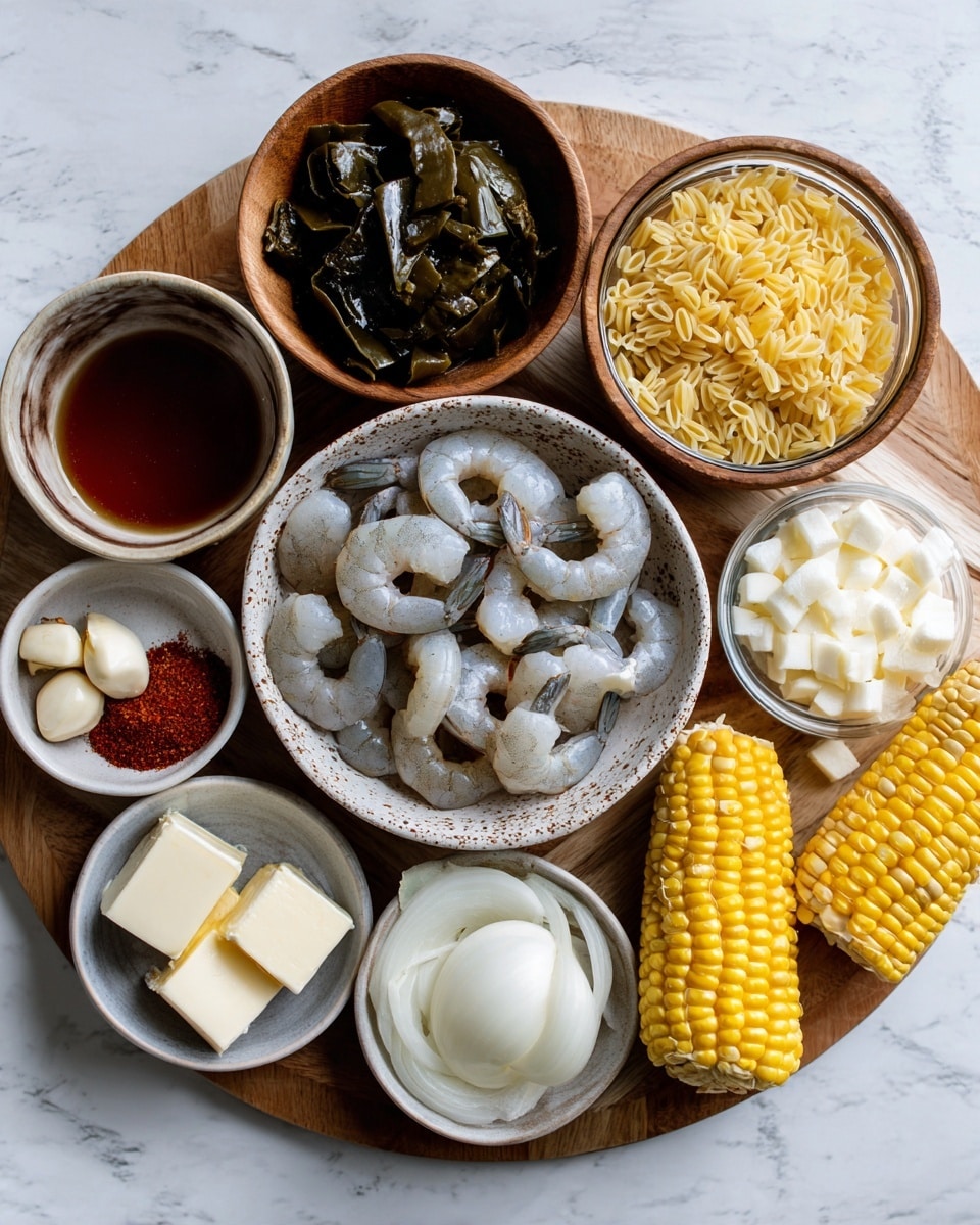 A round white plate with a wooden board on top holds multiple small bowls and food items arranged neatly. Starting from the top, there is a brown wooden bowl filled with chopped dark green poblano pepper. To its right, a similar bowl contains small yellow orzo pasta. Below the orzo, a small white bowl holds whole peeled garlic cloves. Next to it, a small clear bowl is filled with light brown broth. In the center on the wooden board, a speckled brown and white bowl contains raw gray shrimp with tails, arranged in a circular pile. To the left, a small gray bowl has a few thick pale yellow butter squares. Below the shrimp, a small clear bowl is filled with white coconut milk. To the left of this, two pale yellow corn cobs with kernels face downward diagonally. Above the corn, a brown wooden bowl holds chopped white onion pieces. At the top left, there is a small pile of reddish-brown Cajun seasoning powder on the white plate. The background shows a white marbled surface. Photo taken with an iphone --ar 4:5 --v 7
