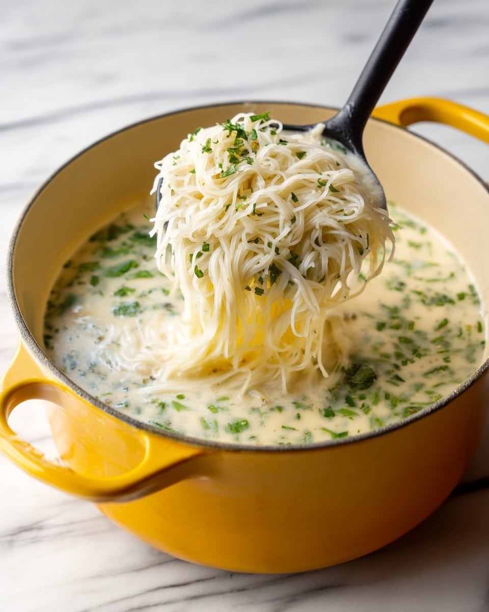 A large yellow pot filled with a creamy white soup speckled with finely chopped green herbs. A black ladle is lifting a nest of thin white noodles from the soup, with the noodles glistening and slightly tangled. The pot sits on a white marbled surface, giving a clean and bright look to the scene. photo taken with an iphone --ar 4:5 --v 7