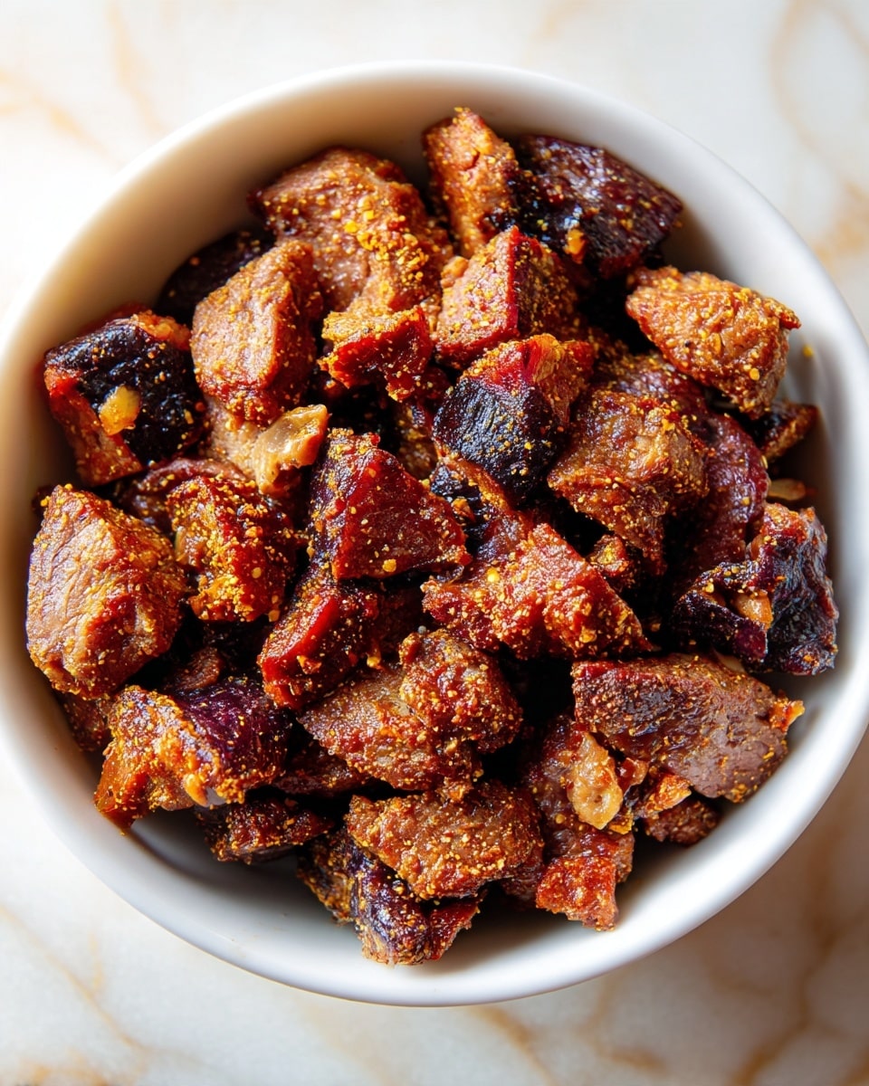 A white bowl filled with small pieces of cooked meat that have a crispy, browned outside and some darker, almost blackened spots. The meat pieces show a rough texture with bits of seasoning and a slight shine from a glaze or sauce. The bowl rests on a white marbled surface with warm, natural light highlighting the colors and textures of the meat. photo taken with an iphone --ar 4:5 --v 7