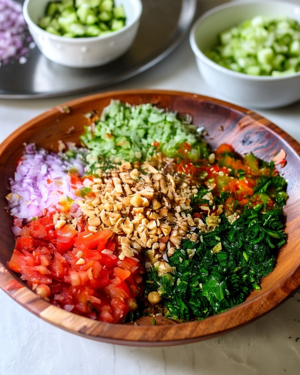 A wooden bowl holds six separate piles of finely chopped ingredients arranged in a circular pattern. Starting at the top and moving clockwise, there is a light green pile of cucumber, a bright green pile of parsley, a mix of green and red small chopped peppers, a central pile of light brown chopped nuts, a pile of finely chopped red tomatoes, and in the remaining space, small pieces of purple onion. The bowl sits on a white marbled surface with another white bowl and a round metal tray holding more chopped vegetables in the background. The scene is bright and colorful. photo taken with an iphone --ar 4:5 --v 7