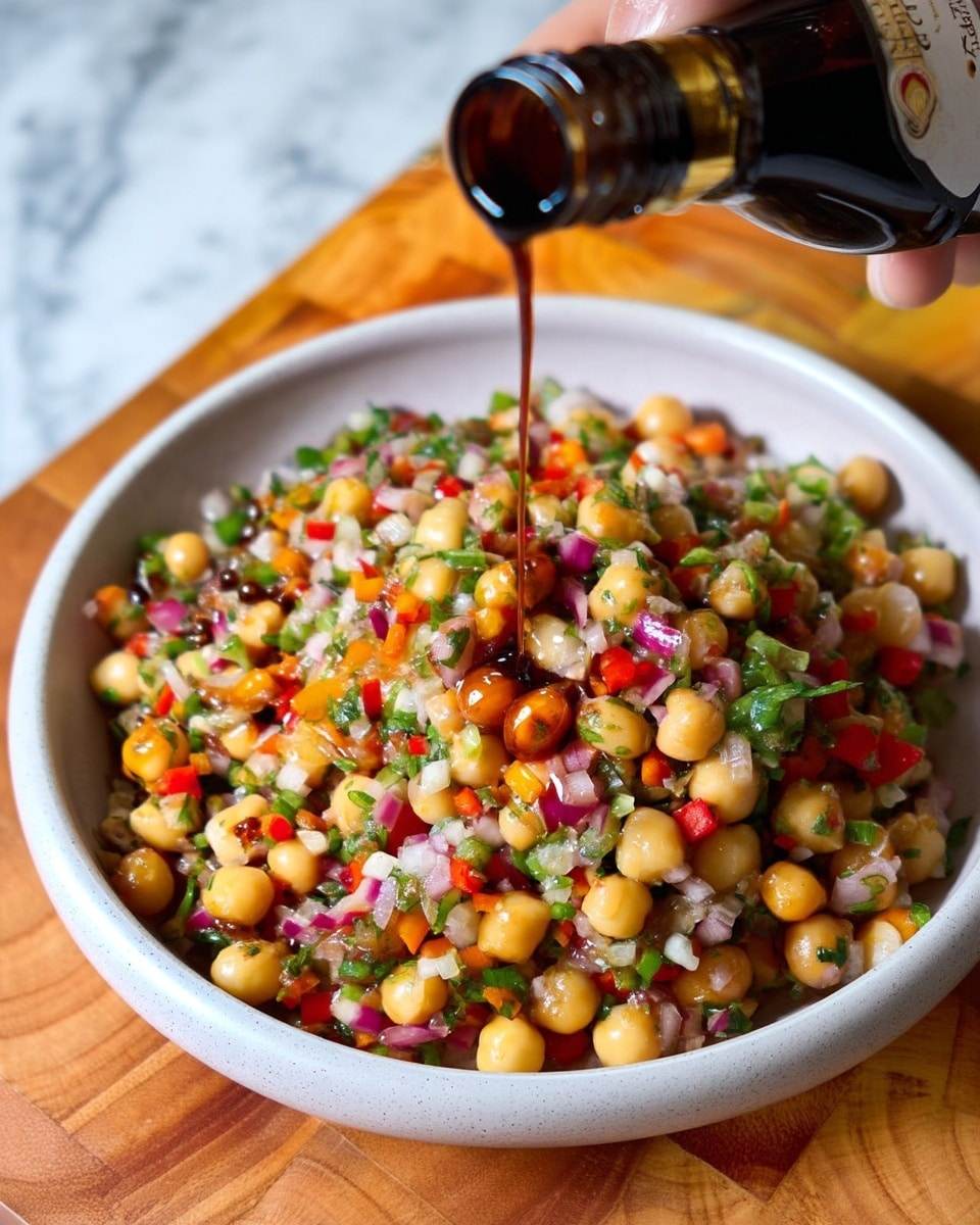 A white shallow bowl filled with a colorful salad made of round chickpeas mixed with finely chopped red onions, green herbs, red and orange bell peppers, and other small green and white vegetable bits. A dark brown sauce is being poured over the salad from a dark bottle held by a woman's hand above the bowl. The bowl sits on a wooden surface, but behind and under it, there is a white marbled texture visible. The colors in the salad are fresh and vibrant, with the chickpeas standing out as yellowish round shapes among the finely chopped ingredients. photo taken with an iphone --ar 4:5 --v 7