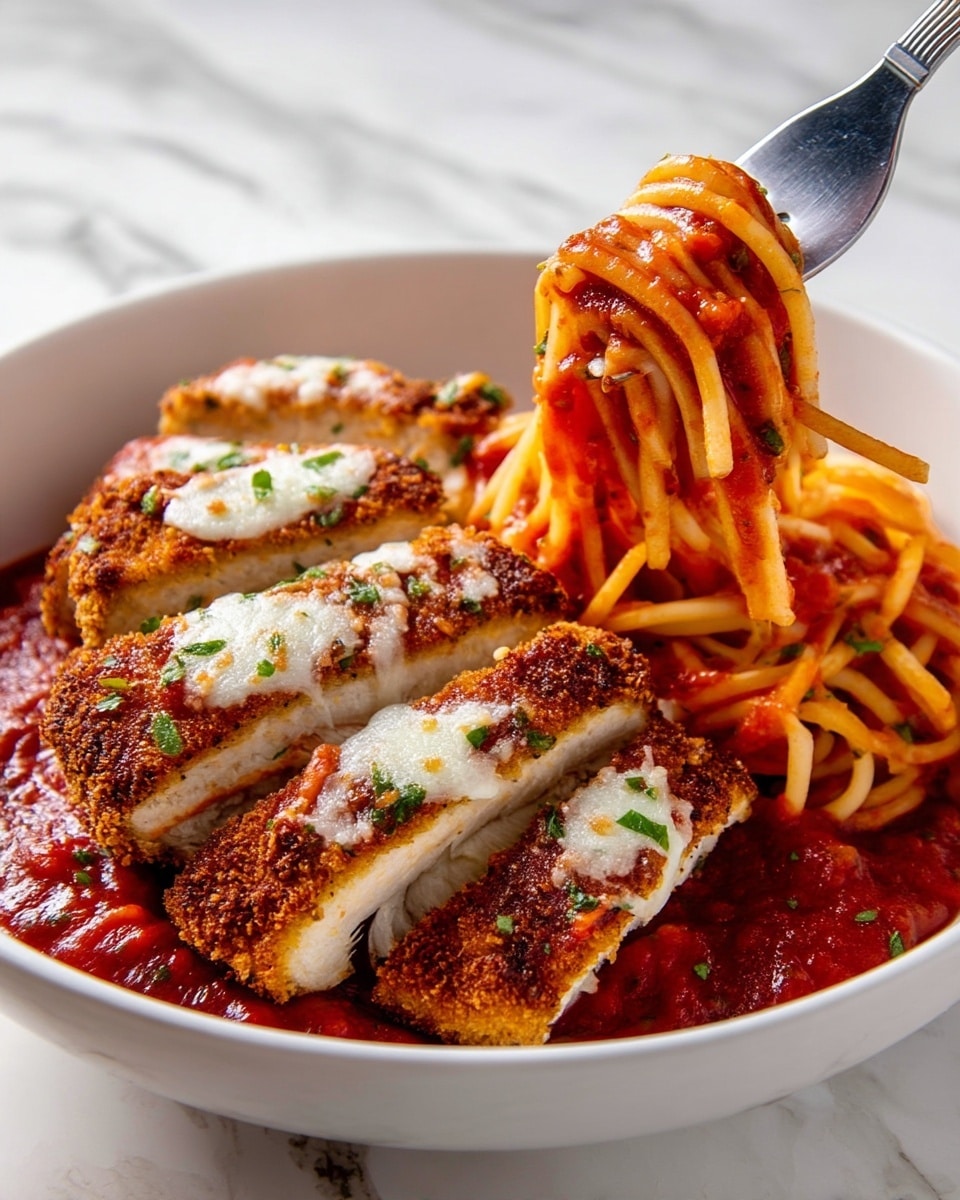 A white bowl filled with thick spaghetti noodles coated in rich red tomato sauce, with scattered green herb bits on top. On one side of the bowl, there are several sliced pieces of breaded chicken, lightly golden on the outside with white meat inside, layered with melted white cheese and sprinkled herbs. A silver fork is lifting a piece of chicken resting on the noodles. The bowl is placed on a white marbled surface. photo taken with an iphone --ar 4:5 --v 7