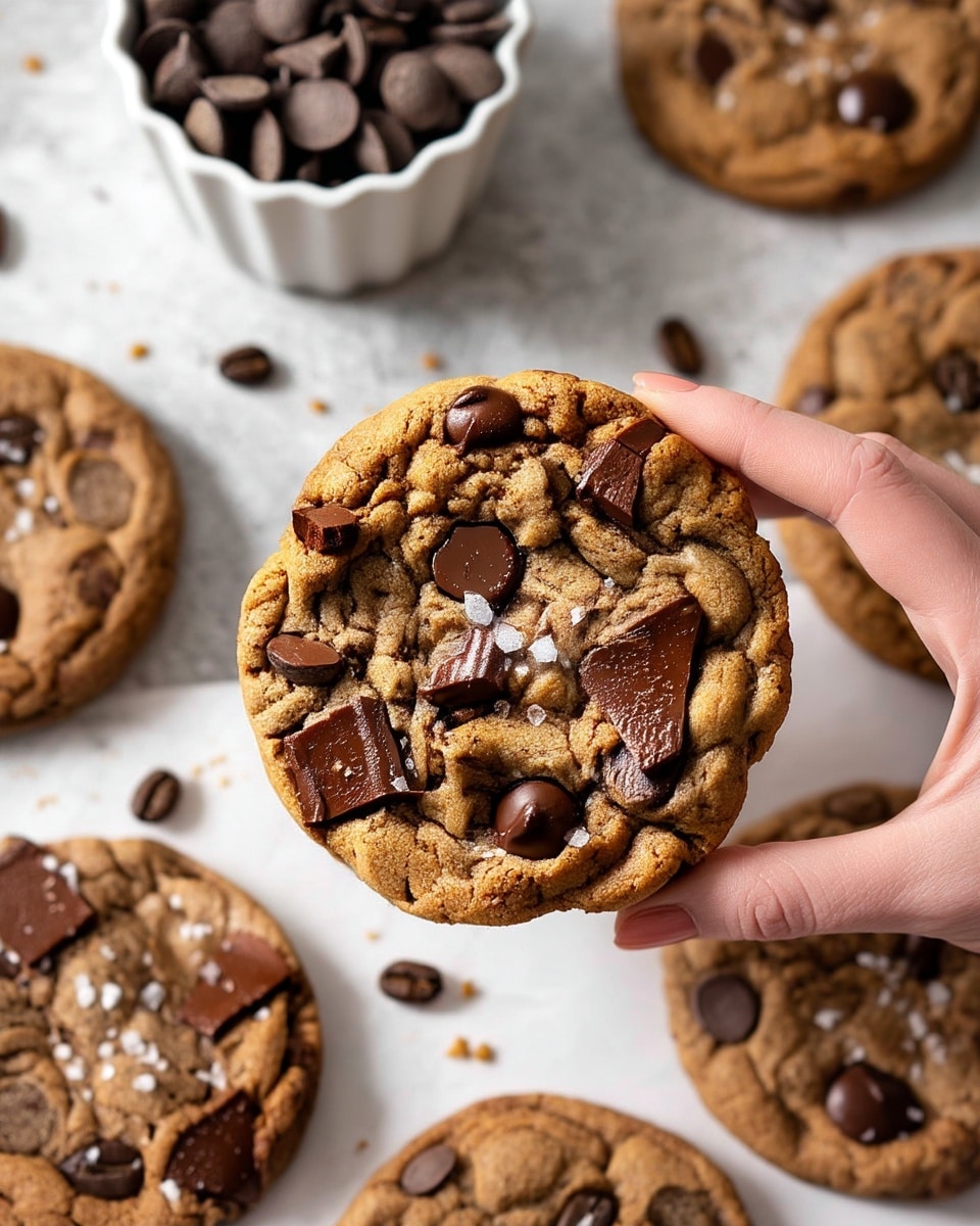 A clear glass filled almost to the top with white milk sits on a white marbled surface; a woman's hand is holding a round chocolate chip cookie partly dipped into the milk. The cookie has a light brown, slightly rough texture with several large, dark chocolate chips visible on top and a few flakes of white salt scattered across its surface. Surrounding the glass on the white marbled surface are more chocolate chip cookies, each with the same light brown base and dark chocolate chips. In the background, there are out-of-focus white bottles and dried wheat stalks, adding a soft, neutral tone to the scene. photo taken with an iphone --ar 4:5 --v 7