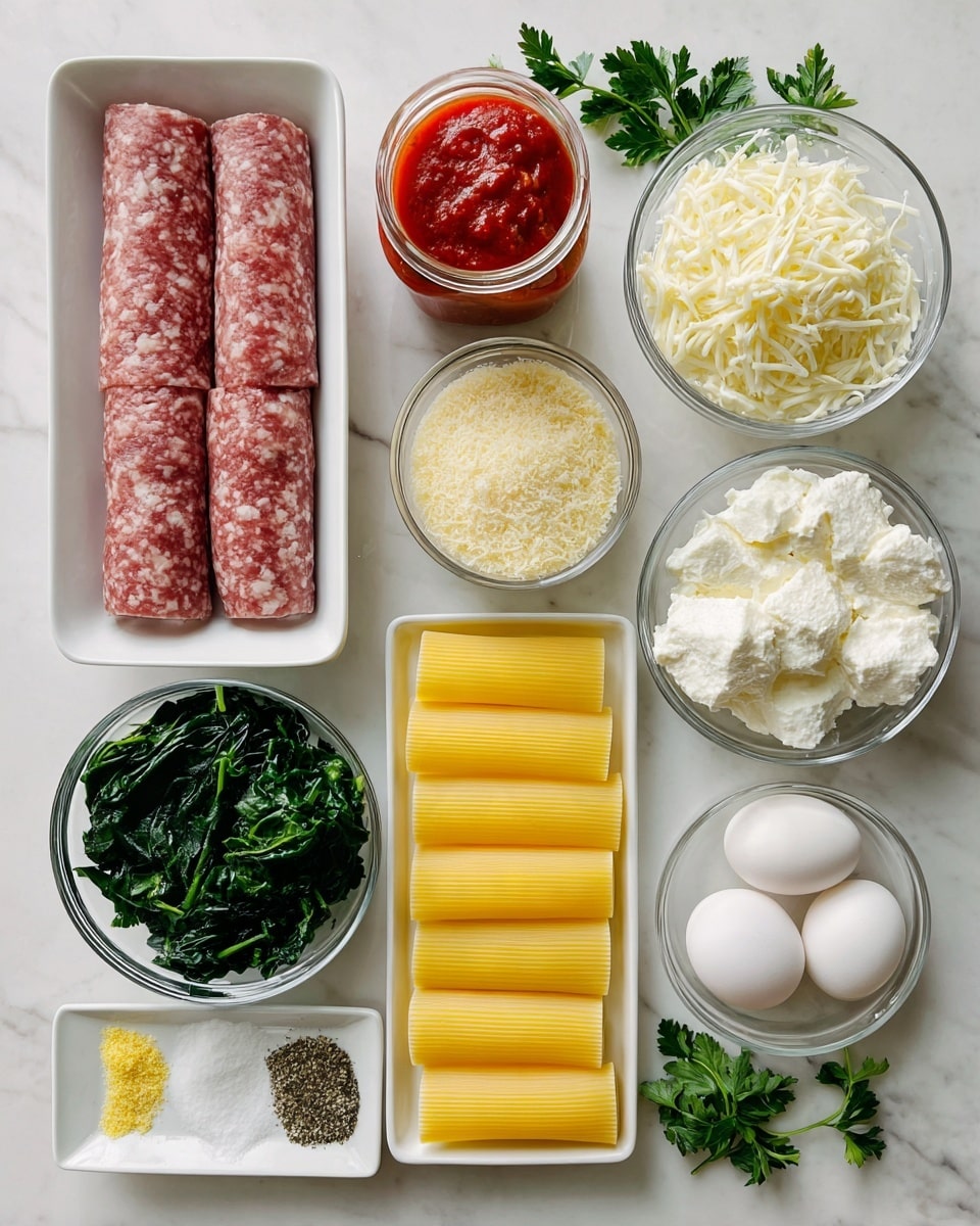 A collection of raw ingredients arranged on a white marbled surface includes bright yellow uncooked manicotti pasta shells stacked in two rows on the right, a white rectangular tray with reddish-pink Italian sausage laid flat on the left, and a glass jar of red marinara sauce below the pasta. Next to the jar is a small round glass bowl filled with grainy light-yellow parmesan cheese, and beside that is a larger glass bowl of soft, white ricotta cheese. On the top right, there is a medium glass bowl with shredded white mozzarella cheese. In the bottom left, a glass bowl holds fresh dark green chopped spinach leaves, and a small white dish contains minced pale yellow garlic. On a white square plate near the center are small piles of dried green basil, white salt, ground black pepper, and bright yellow lemon zest. A whole white egg is positioned just above the jar of marinara sauce, and a few green parsley sprigs rest above the sausage tray labeled as optional garnish. Photo taken with an iphone --ar 4:5 --v 7
