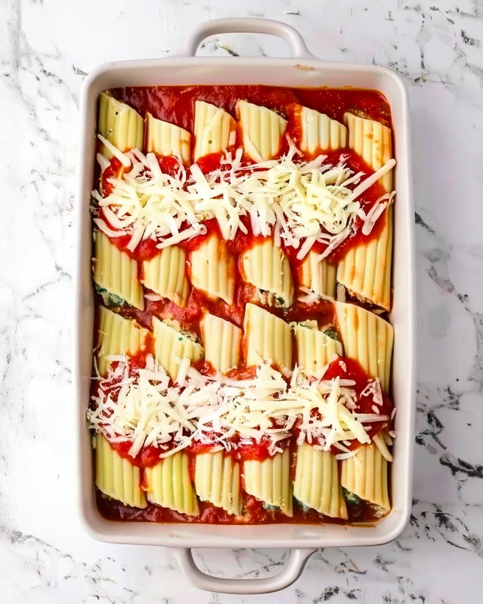 The image shows a white rectangular baking dish on a white marbled surface. Inside the dish, there are two neat rows of pasta shells filled with a green and white mixture. The pasta is light yellow with ridges and is placed vertically, slightly overlapping each other. Bright red tomato sauce is spread underneath the pasta and in two horizontal thick lines across the middle of the shells. On top of the sauce, there is a generous layer of shredded white cheese scattered unevenly in two lines following the sauce. The overall look is fresh and colorful with clear layers of pasta, sauce, and cheese. Photo taken with an iphone --ar 4:5 --v 7