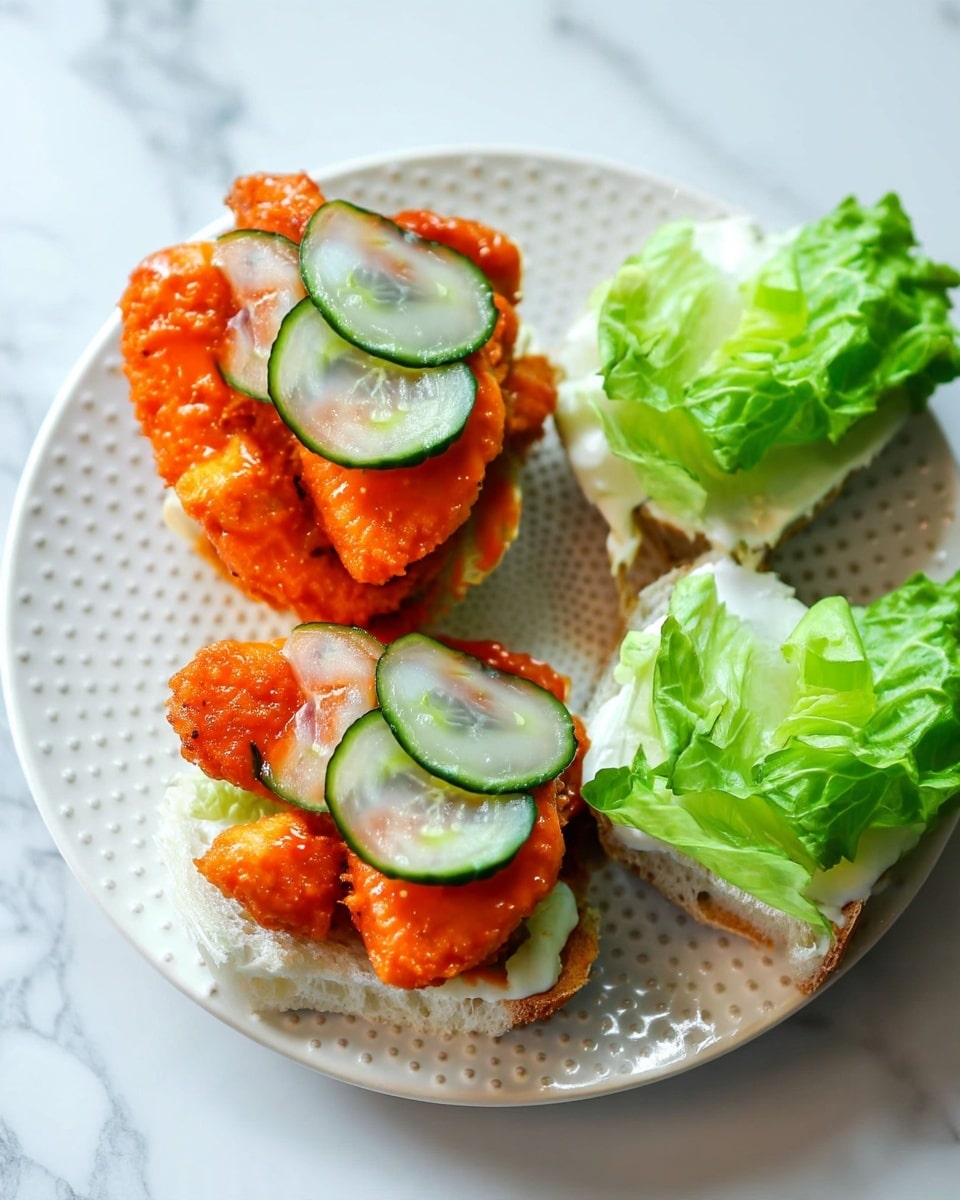 On a white plate with a dotted texture set on a white marbled surface, there are two open sandwich halves each with three layers: the bottom layer is a soft bread base, the middle layer consists of two pieces of bright orange fried food with a crispy texture, and on top of that are three thin green cucumber slices. To the right of these sandwich halves, there are two more open bread halves topped with creamy white spread and fresh green lettuce leaves with visible veins and a slight waviness on the edges. Photo taken with an iphone --ar 4:5 --v 7