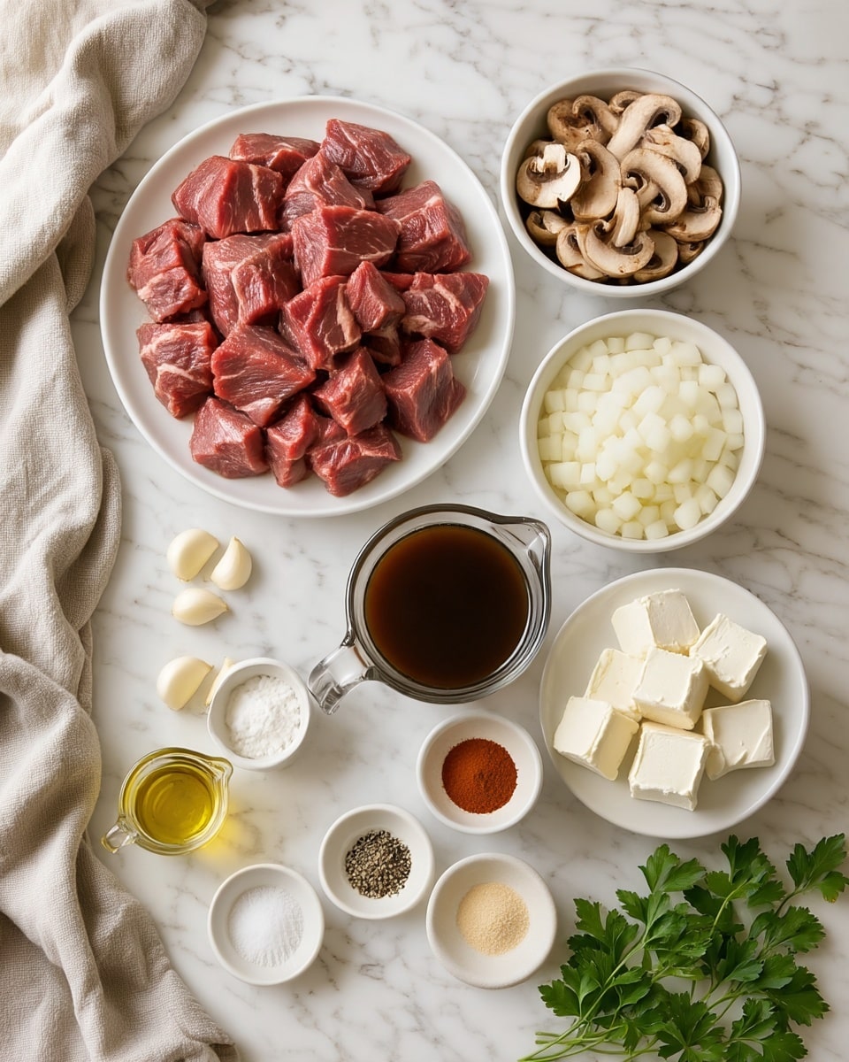 The image shows ingredients neatly arranged on a white marbled surface. There is a large white plate piled with raw, red beef cubes positioned near the top left. To the right, there are two white bowls; one filled with sliced brown mushrooms and the other with chopped white onions. Below these, a clear glass measuring cup holds a dark brown liquid. Around this central setup are small white bowls containing various ingredients: four cubes of cream cheese on a white plate, dark soy sauce, light soy sauce, cooked garlic cloves, olive oil, black pepper, garlic powder, red paprika, salt, and a white powder that looks like cornstarch. A small bunch of fresh green parsley is placed in the lower right corner. A light beige cloth is draped casually on the left side of the scene. Photo taken with an iphone --ar 4:5 --v 7