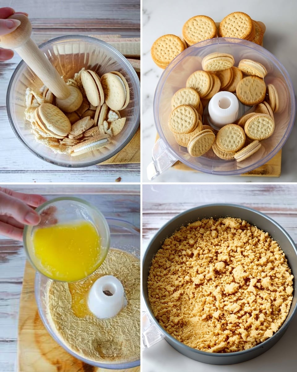 There are four close-up images showing different steps of making a crushed cookie base in a clear food processor bowl on a white marbled surface. In the top-left image, broken light beige sandwich cookies are in the bowl, being smashed by a wooden muddler. The top-right image shows whole sandwich cookies with cream filling, arranged around the middle white plastic part of the food processor bowl. In the bottom-left image, a woman's hand is pouring bright yellow melted butter from a small clear glass container into the crushed cookie crumbs inside the food processor. The bottom-right image displays the mixture pressed evenly into a round baking pan, with a metal measuring spoon on top. Photo taken with an iphone --ar 4:5 --v 7