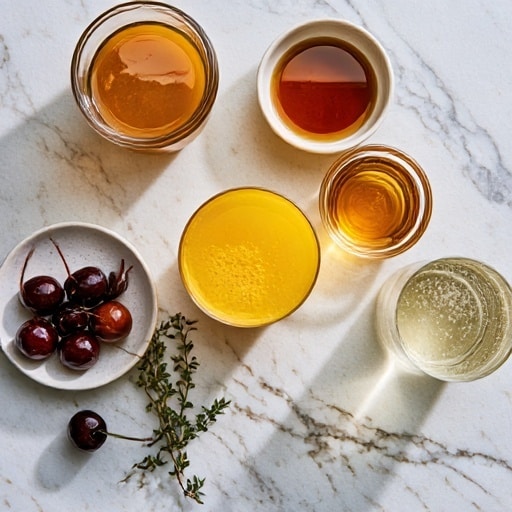 A clear glass filled with a light orange drink, layered with many small ice cubes that give the drink a textured, frosty look; on top of the drink, there is a dark red cherry with a green stem standing upright, and a small green sprig of thyme placed next to the cherry; the glass is on a white marbled surface with blurred bottles in the background, adding soft warm and neutral tones to the scene; photo taken with an iphone --ar 4:5 --v 7